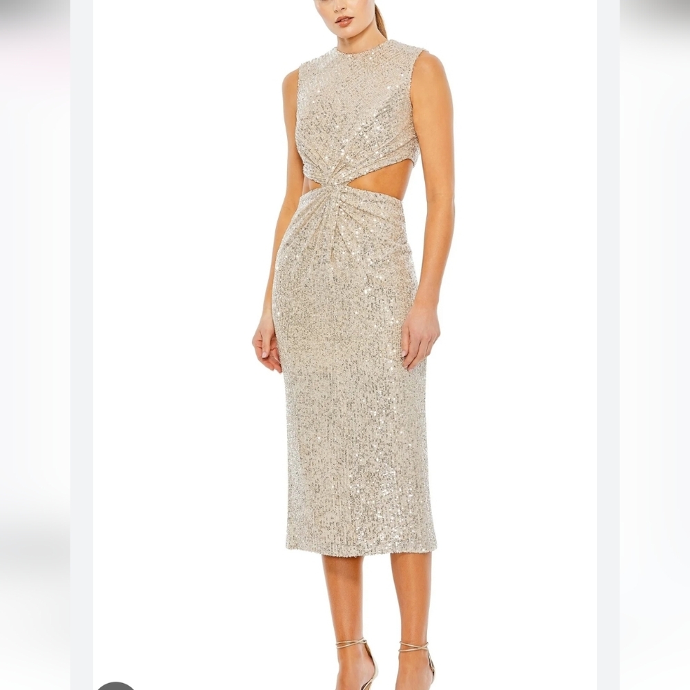 Ieena for Mac Duggal Champagne Sequin cut out Dress Size 4 new with tags fully